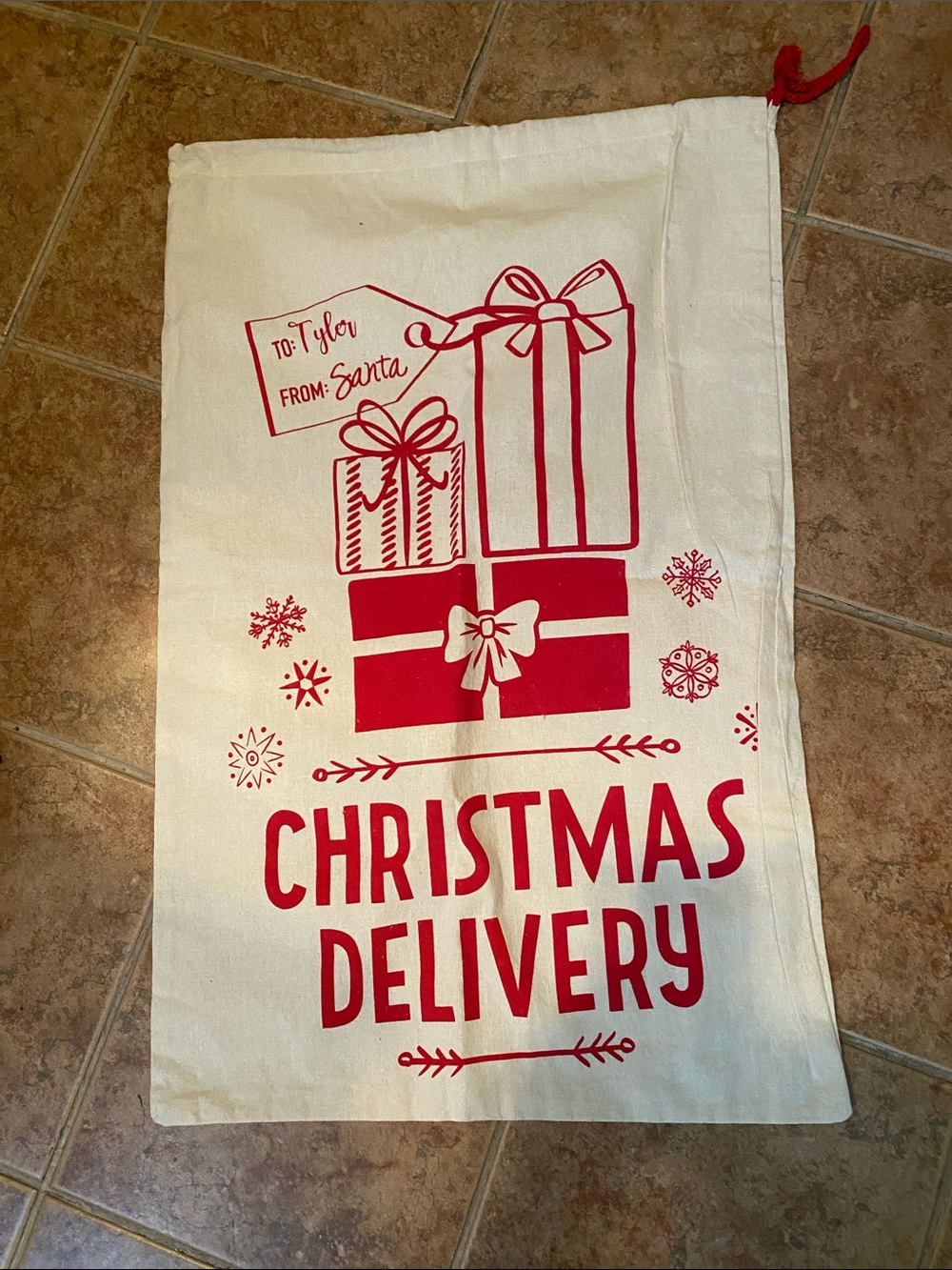 Christmas Delivery Gift Sack - Red on Cream Personalized (Tyler)20”Wx 38”L